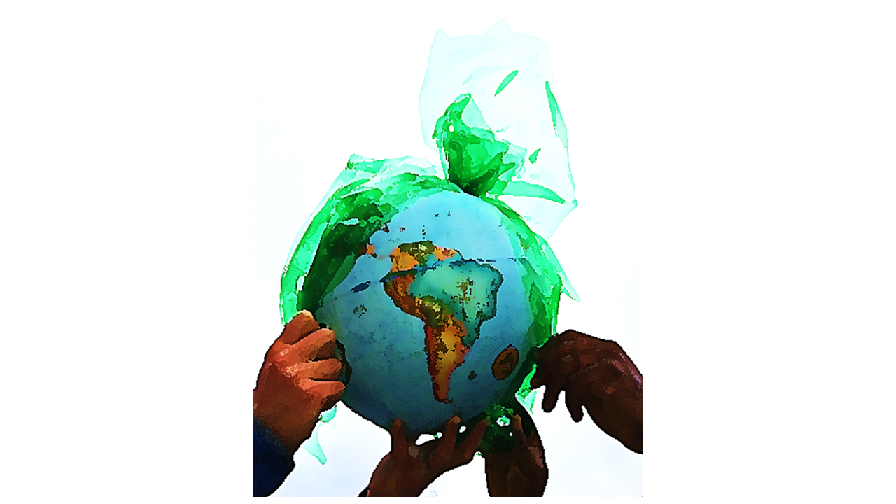 An image of a globe wrapped in plastic, with human hands working together to pull it off