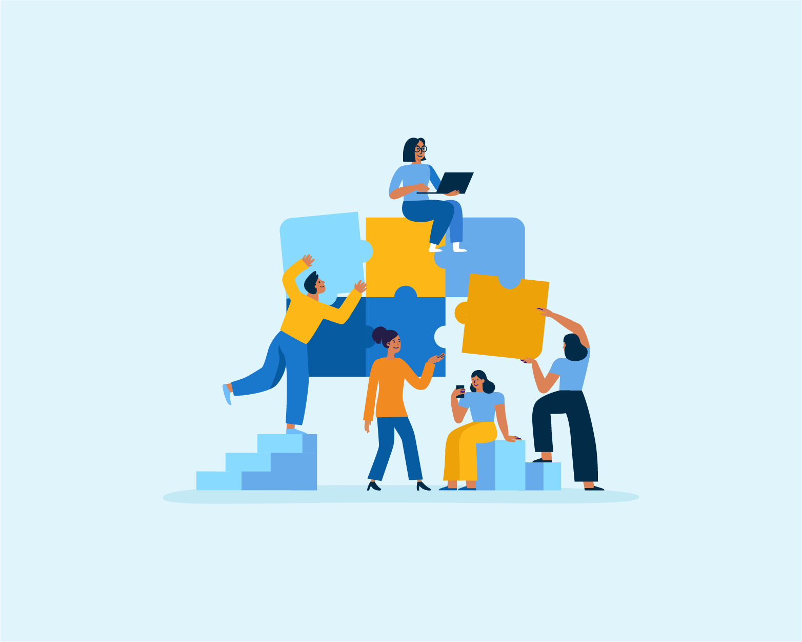 Vector illustration in simple flat style - teamwork and development concept - people holding abstract geometric shapes and puzzl