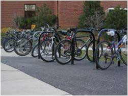A photograph of bicycles parked on the NIH Bethesda campus.